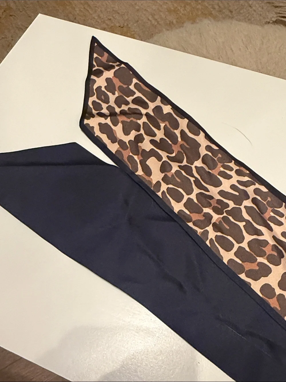 Tory Burch Leopard Print Silk Twilly with Navy Trim